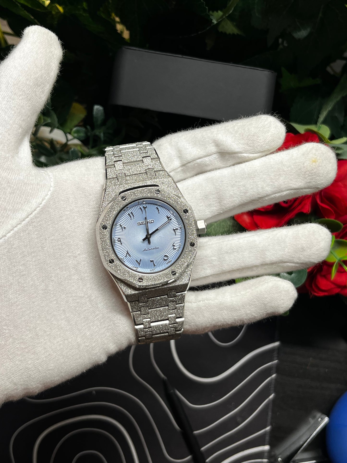 Seiko Mod Frosted Royal Oak Light Blue Arabic dial